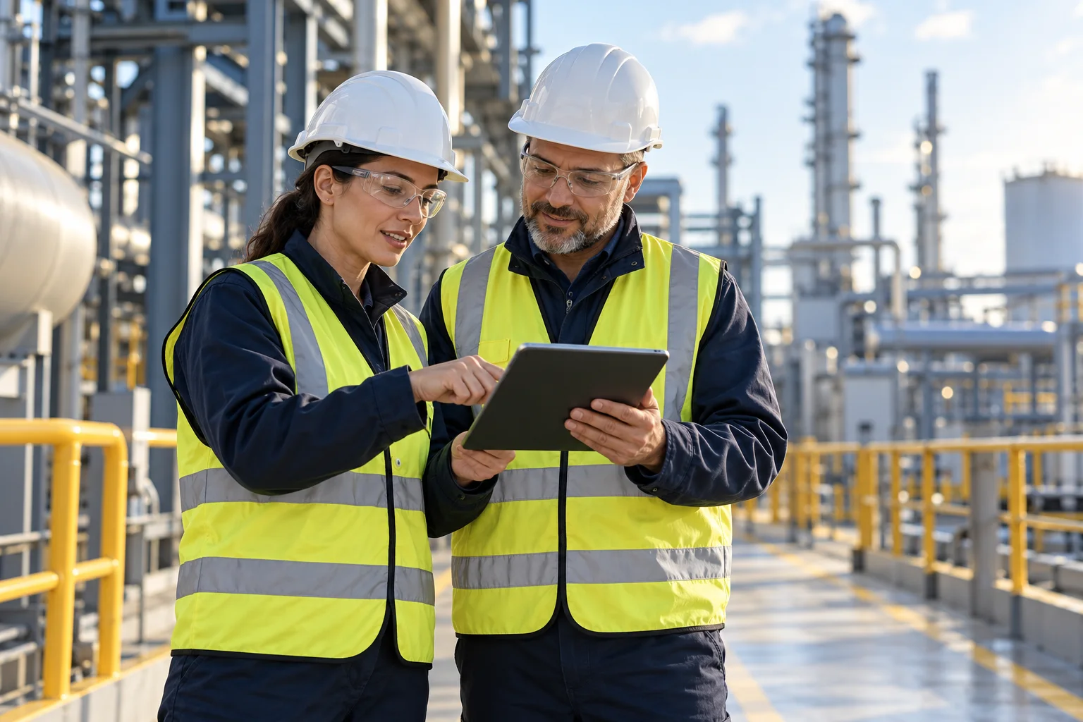Two safety professionals reviewing a tablet in an industrial workplace