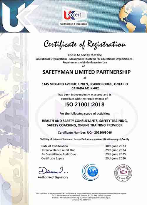 SAFETYMAN LIMITED PARTNERSHIP UKCERT ISO 21001 UQ-2023063046 CERTIFICATE