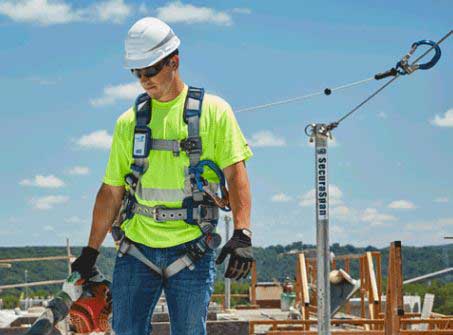 construction worker using fall protection on a roof
