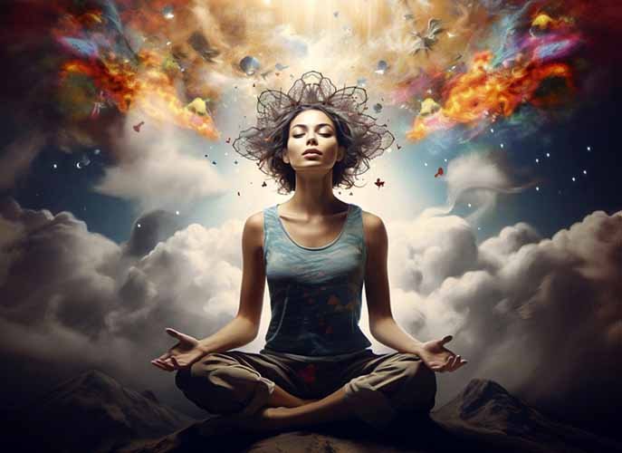 a woman meditating with clouds around her