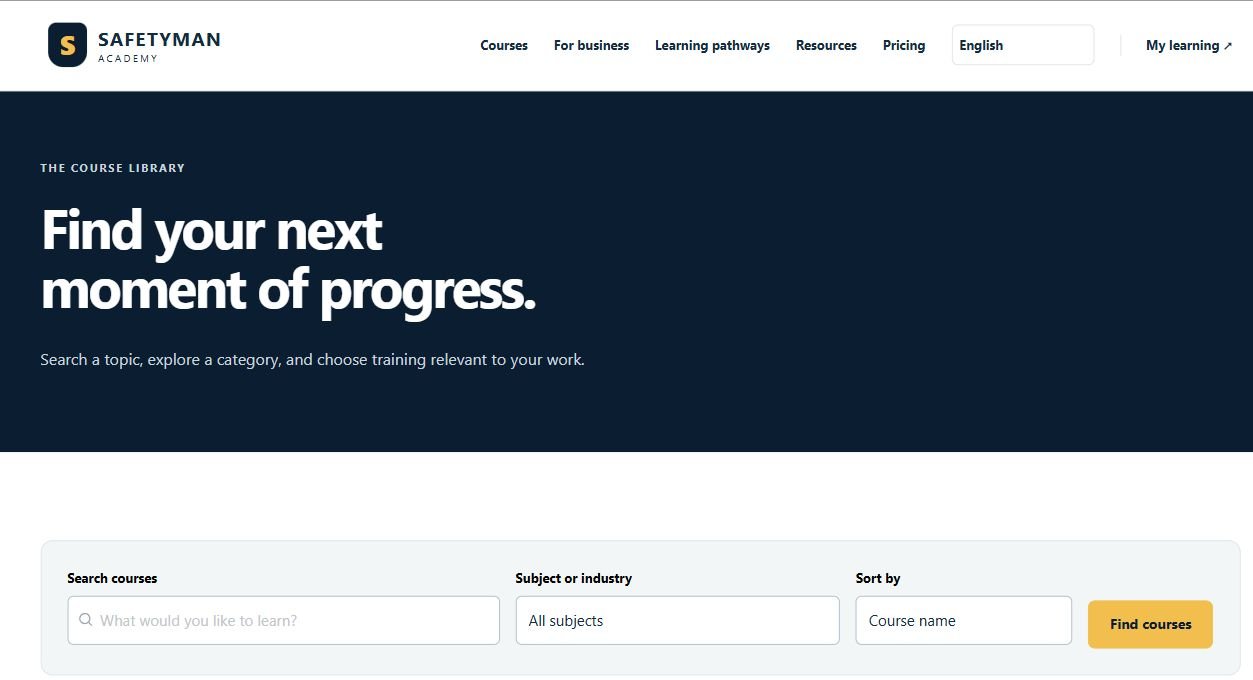 Safetyman Academy course library with keyword search, subject filters and sorting controls
