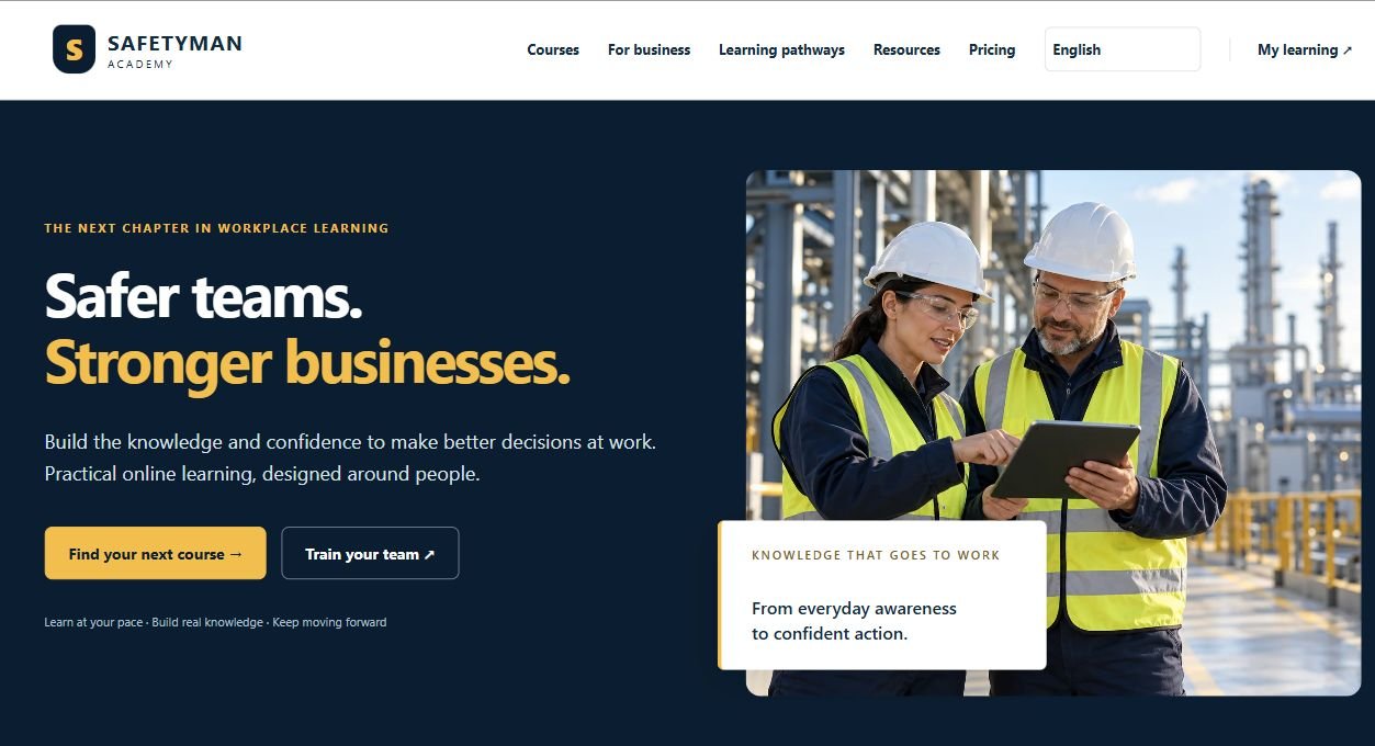 The new Safetyman Academy homepage with routes to individual courses and team training