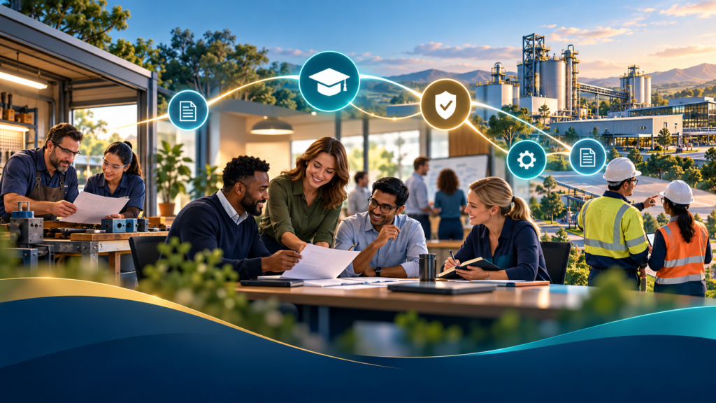Illustration of small, medium and large workplaces connected through safety tools and team learning